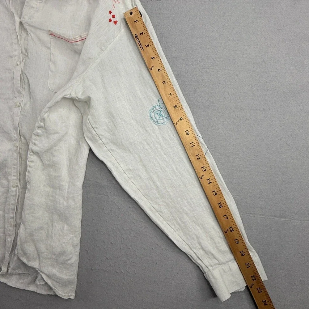 Spartina 449 Shirt Womens XL White Linen Embroidered Mermaid Coastal Button Up - Picture 9 of 14